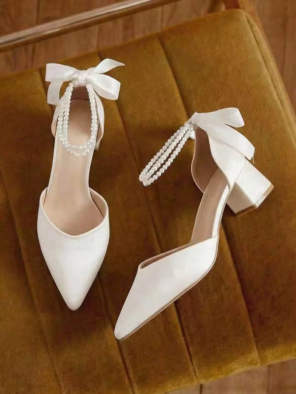 Eladyva Women's Pearl Bow Ankle Strap, Pointed Toe, Block Heel, Elegant, Satin, White, Pumps, Wedding Summer Shoes