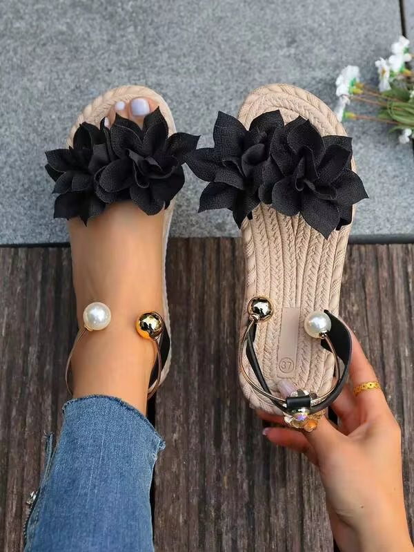 Women's Large Floral Pearl Metal Ball Slide Sandals, Summer Roman Style Flat Beach Shoes, Sweet Slip-On Sandals To Pair With Dresses